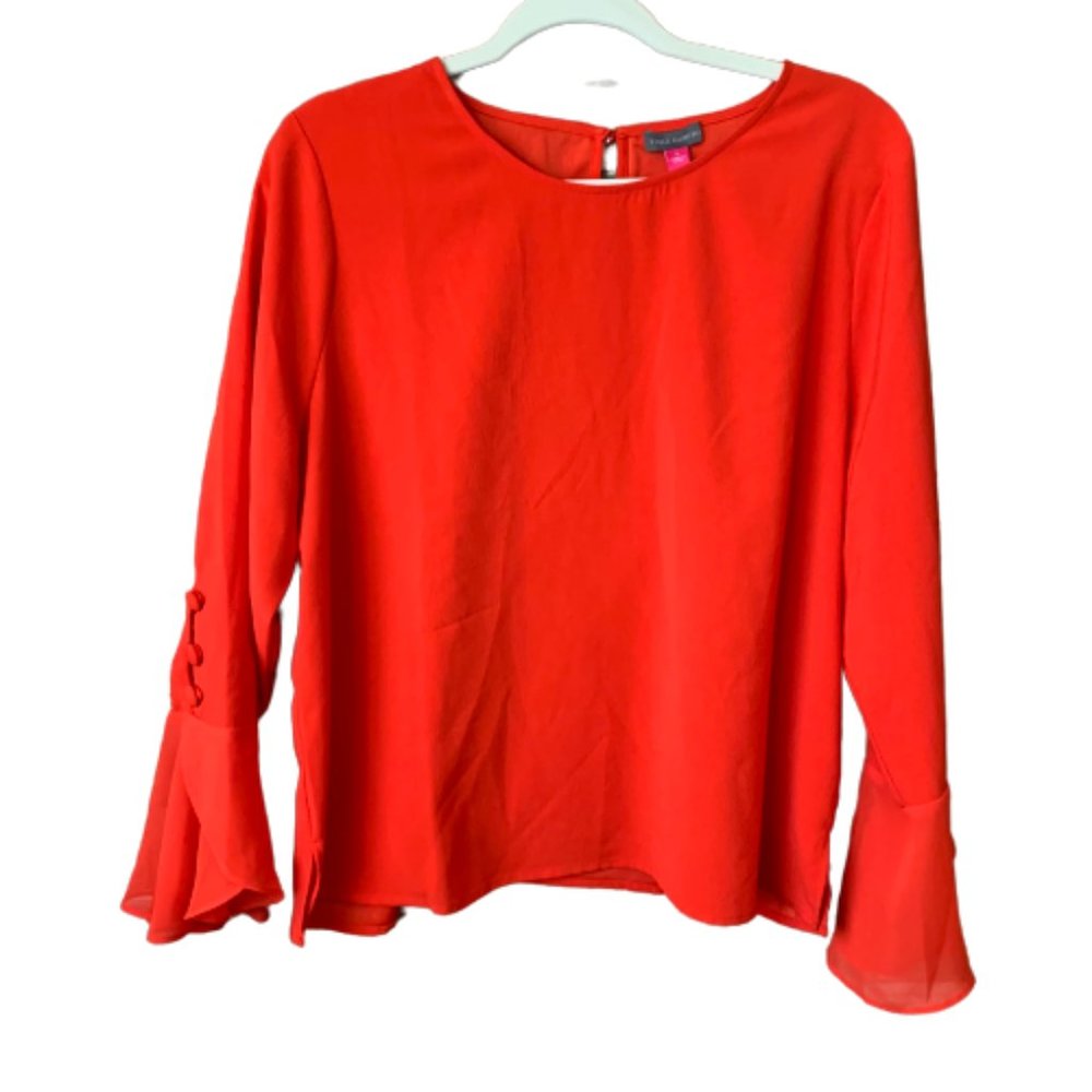 Women's Vince Camuto Large Red Bell Sleeve Keyhole Back Polyester Blouse EUC - Picture 1 of 13